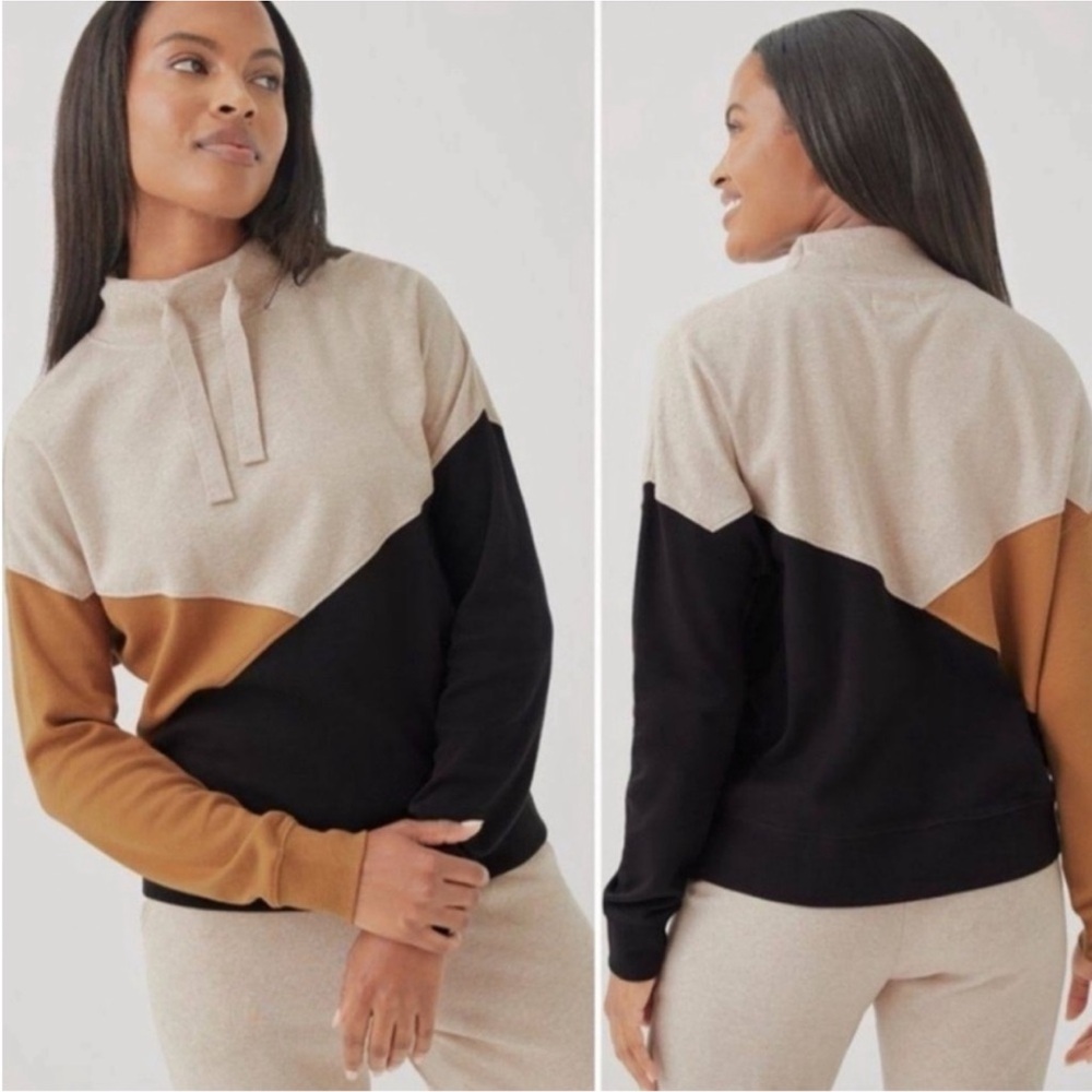 Pact Airplane Organic Cotton Colorblock Mock Neck Pullover brown black Medium